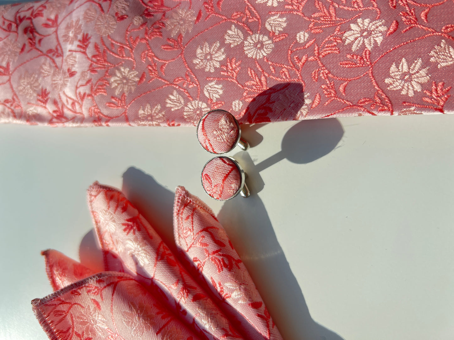 Elegant Floral Pink Silk Tie Set with Matching Cufflinks and Pocket Squar