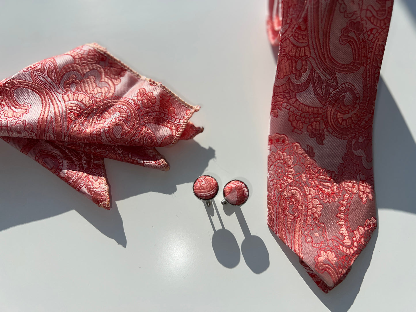 Regal Red Paisley Silk Tie Set with Cufflinks and Pocket Square