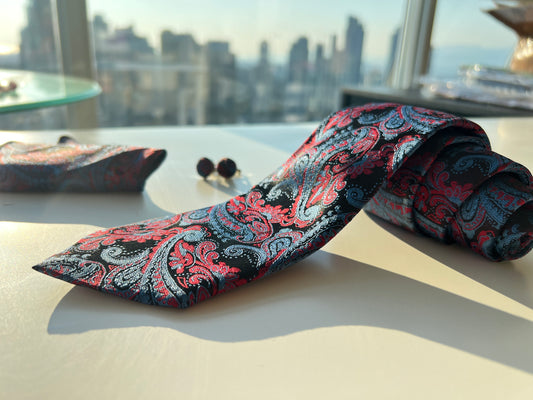 Luxurious Blue and Red Paisley Tie Set with Matching Cufflinks and Pocket Square