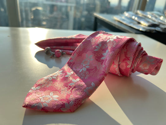 Pink Floral Tie Set with Cufflinks and Pocket Square