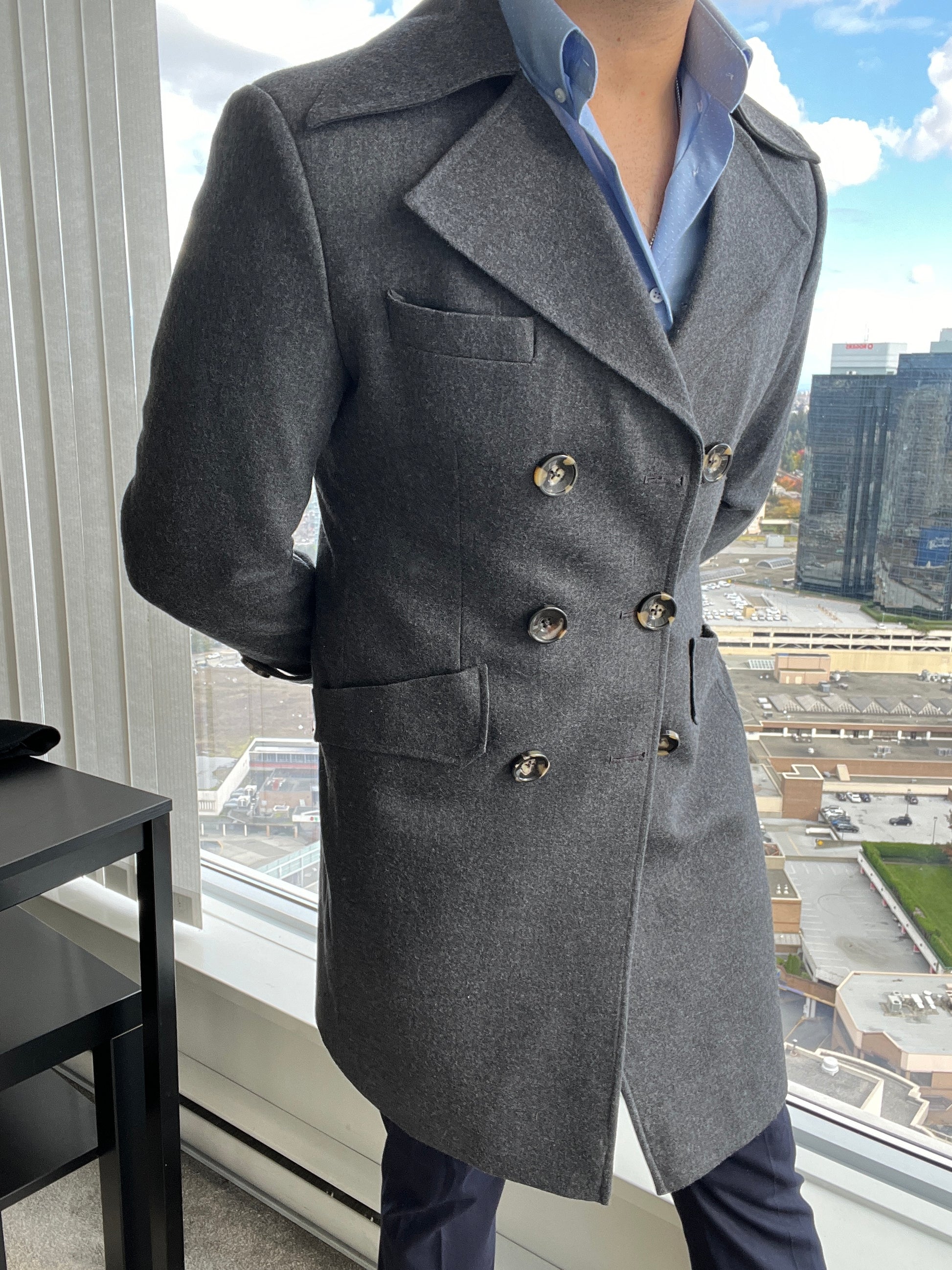 gray double-breasted overcoat