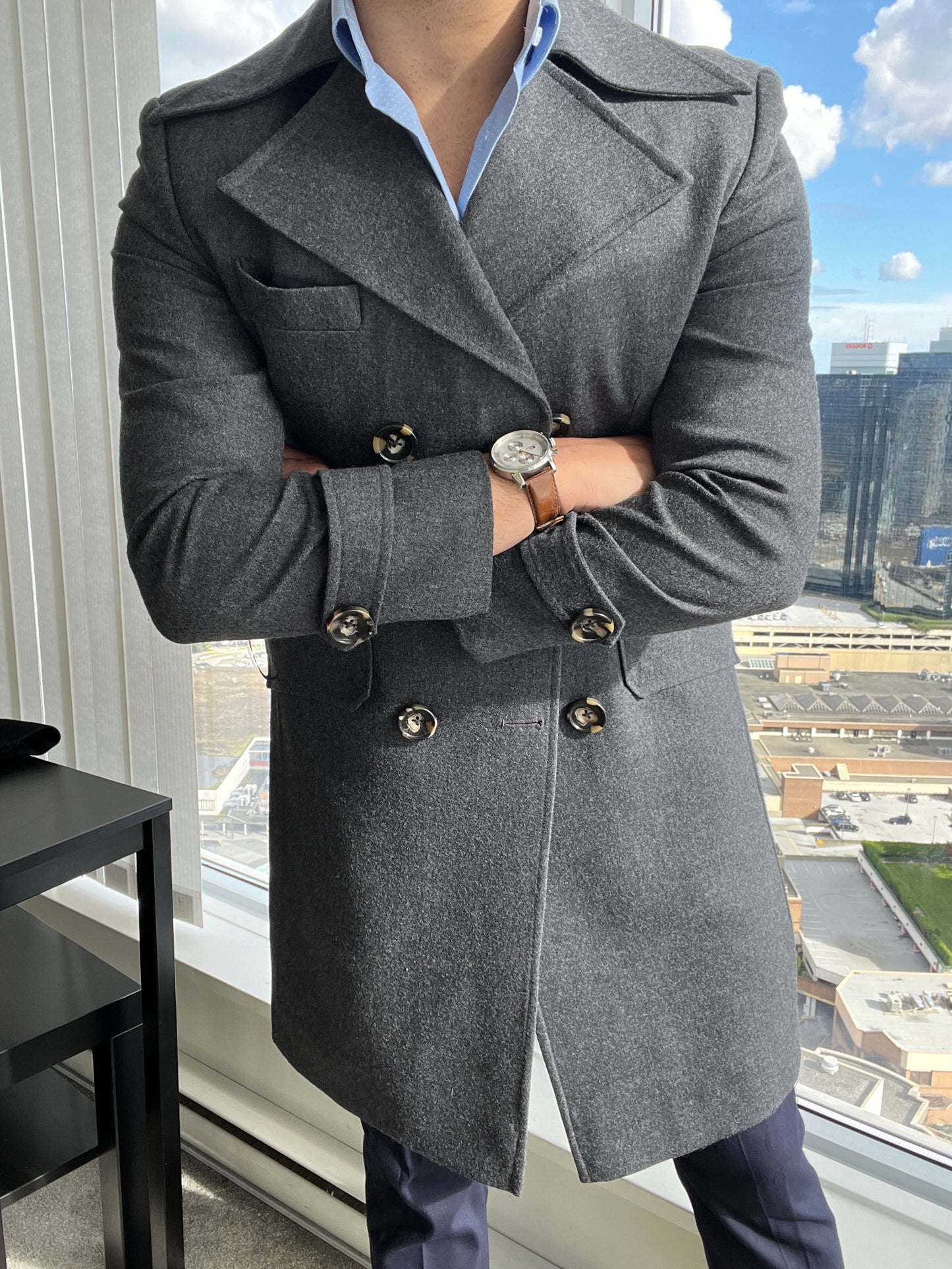 gray double-breasted overcoat