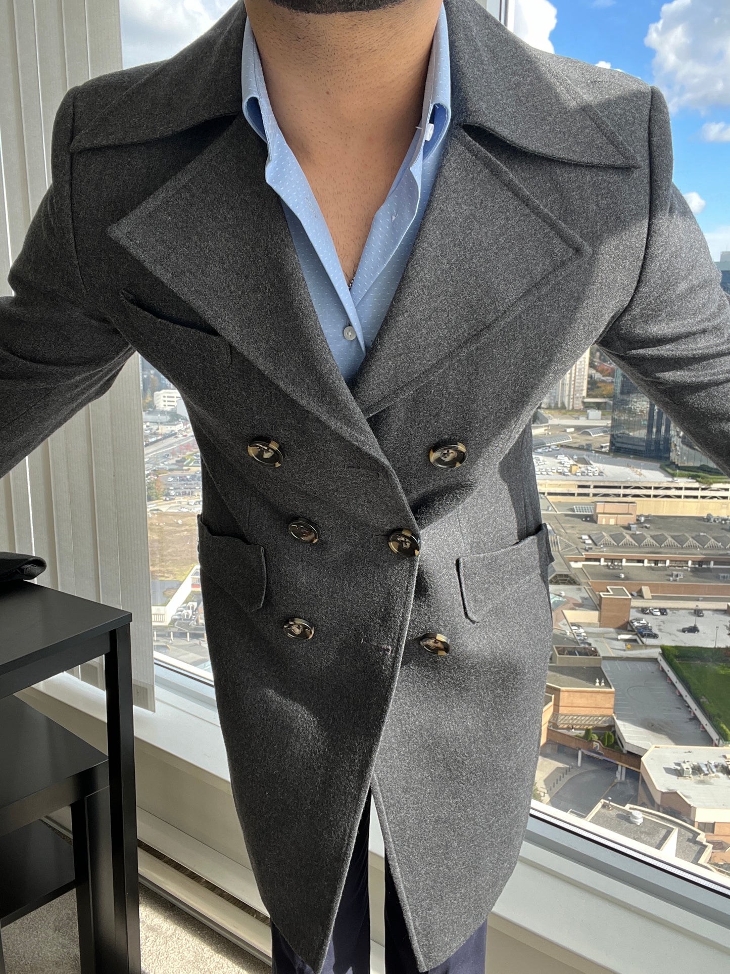 gray double-breasted overcoat