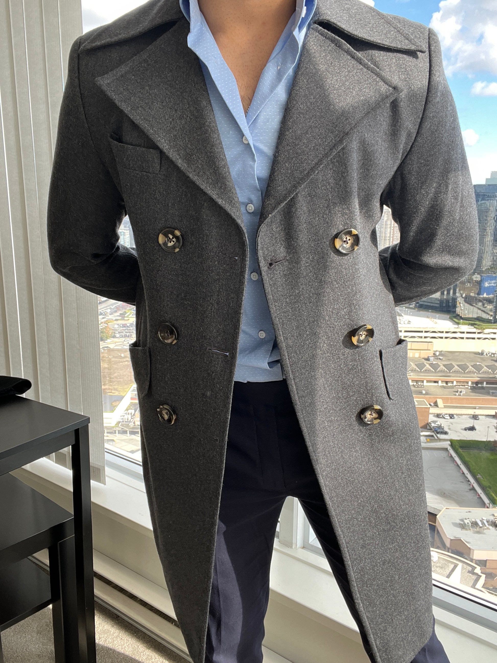 gray double-breasted overcoat