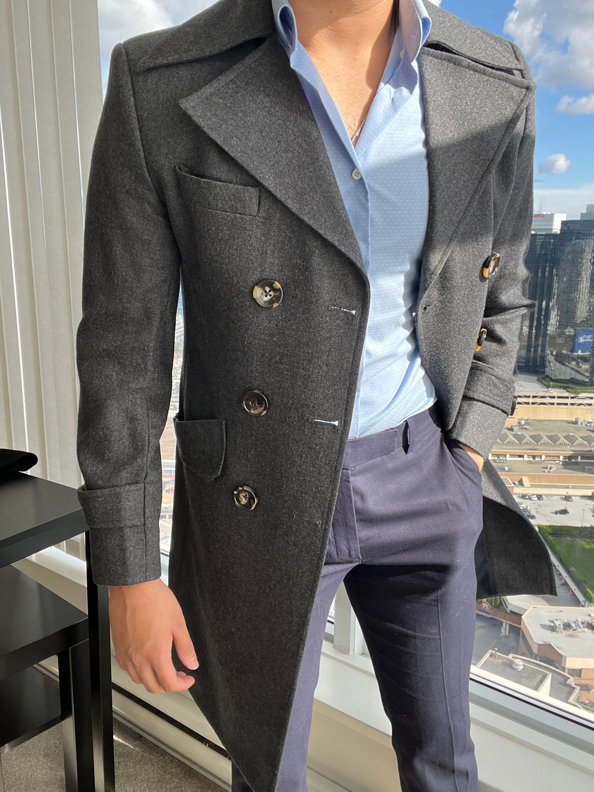 gray double-breasted overcoat