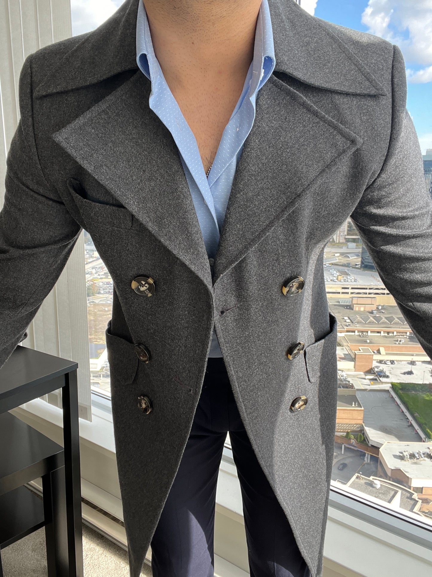 gray double-breasted overcoat