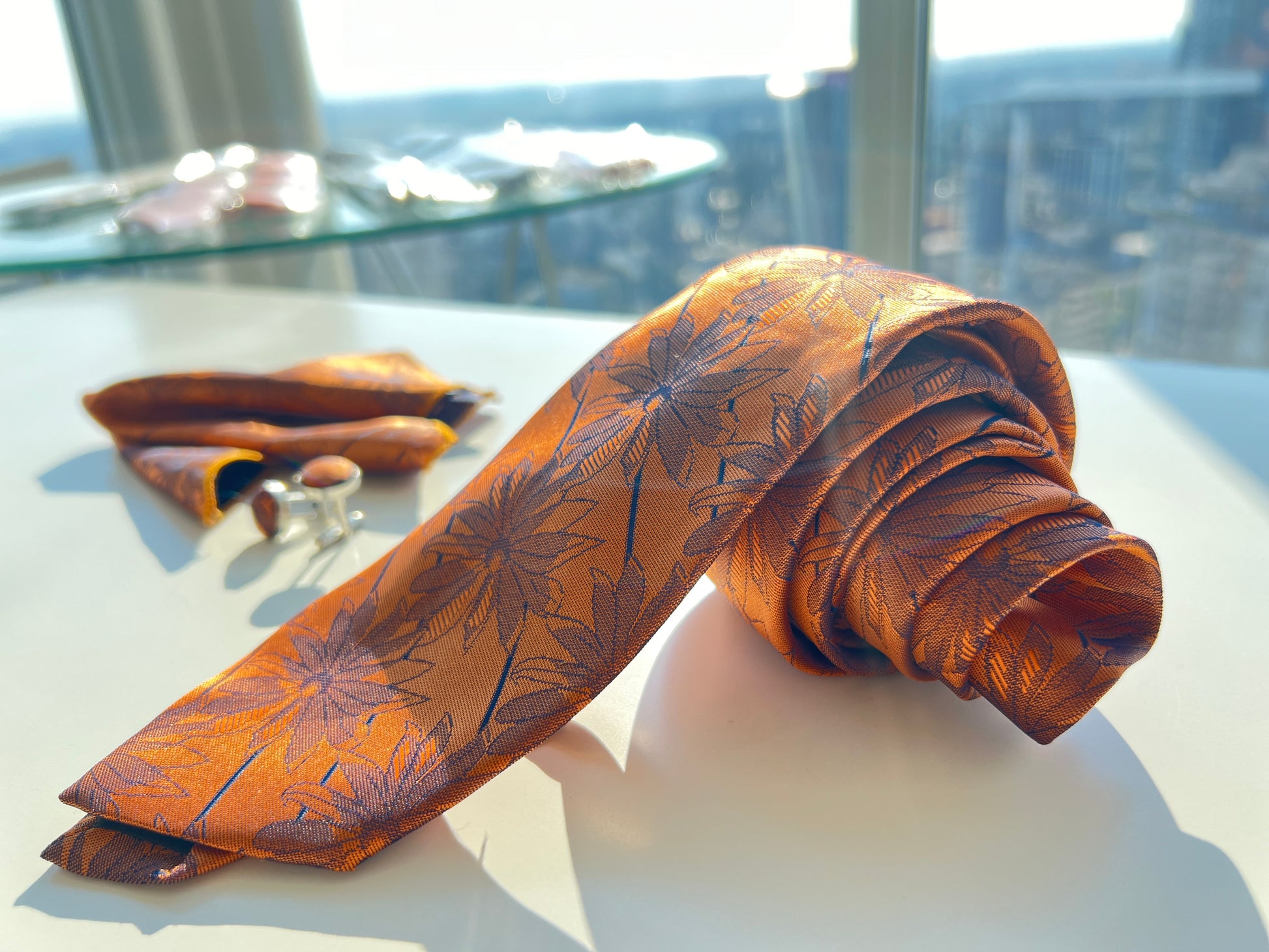 bronze floral tie set with pocket square and cufflinks